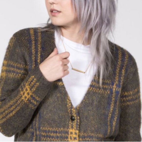 J.O.A. Los Angeles Gray Plaid Cardigan Sweater Wool Mohair Fuzzy Preppy Small - Picture 2 of 16